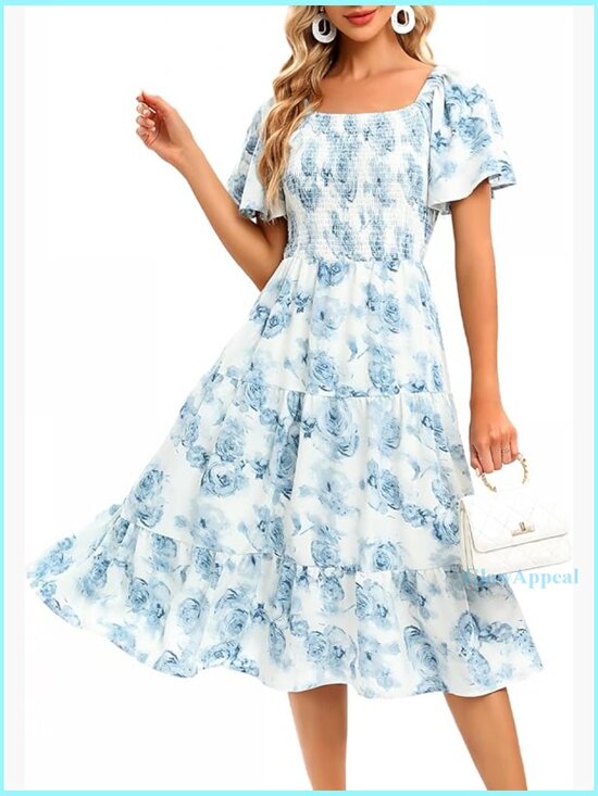 Dresses & Skirts - Floral Smocked Midi Dress Square Neck Off-Shoulder Summer Casual
